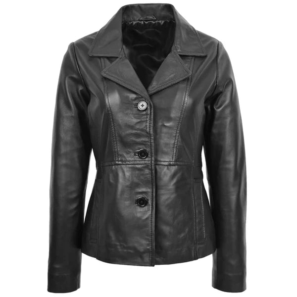 Women's Classic Three Button Leather Blazer Ruth Black