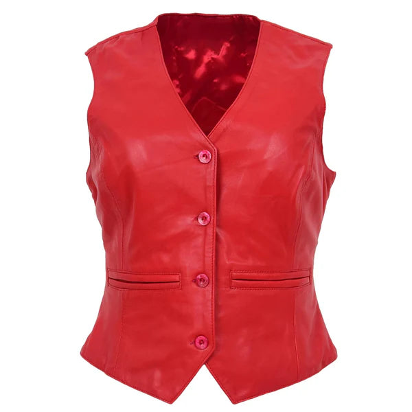 Rita Red Leather Waistcoat for Women – Premium Quality Buttoned Vest