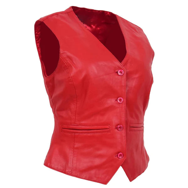 Rita Red Leather Waistcoat for Women – Premium Quality Buttoned Vest