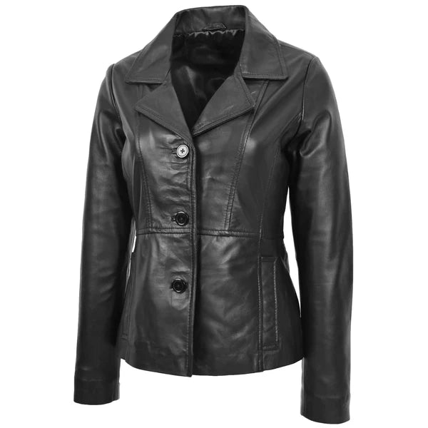 Women's Classic Three Button Leather Blazer Ruth Black