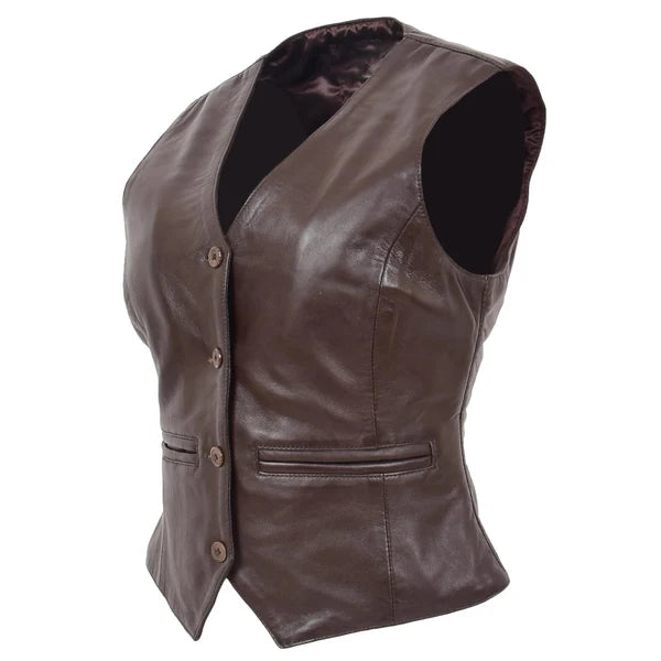 Womens Leather Classic Buttoned Waistcoat Rita Brown