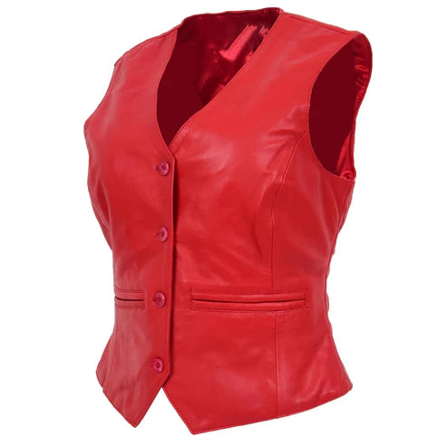 Rita Red Leather Waistcoat for Women – Premium Quality Buttoned Vest