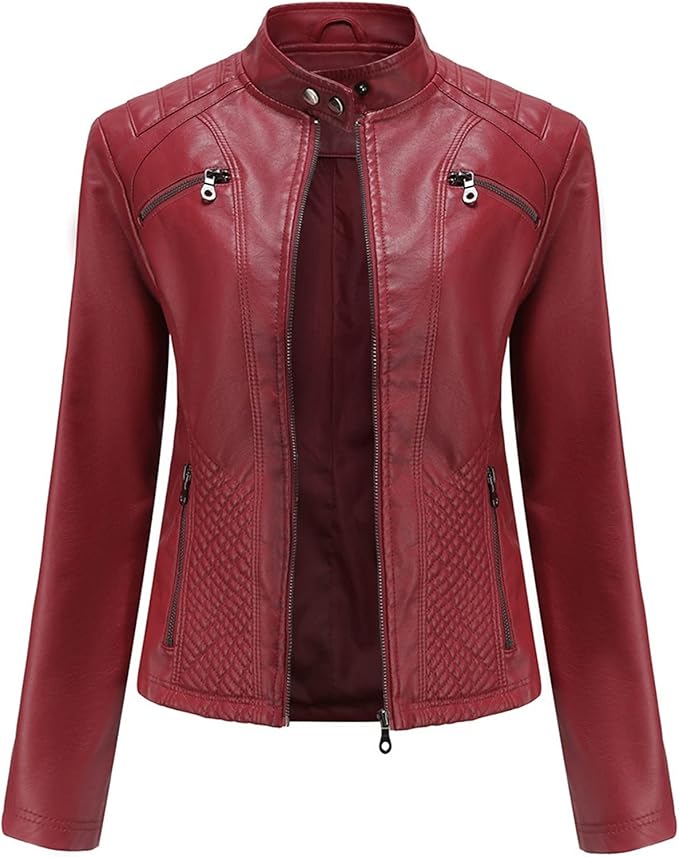 Women's Faux Leather Moto Biker Jacket – Stylish Zipper Design, Perfect for Casual Wear