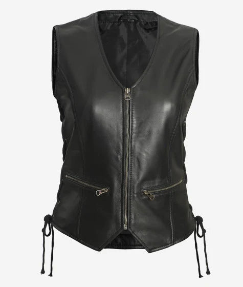 Teresa Black Fitted Style Biker Leather Vest for Women