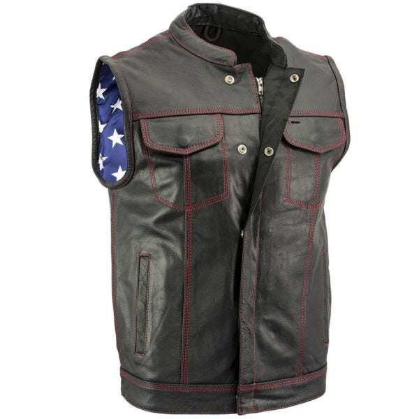 Men’s ‘Old Glory’ Leather Vest with Red Stitching and USA Inside Flag Lining