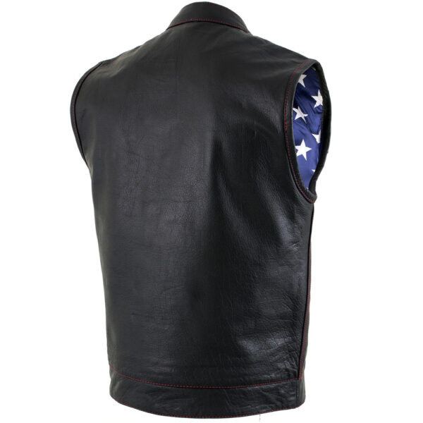 Men’s ‘Old Glory’ Leather Vest with Red Stitching and USA Inside Flag Lining