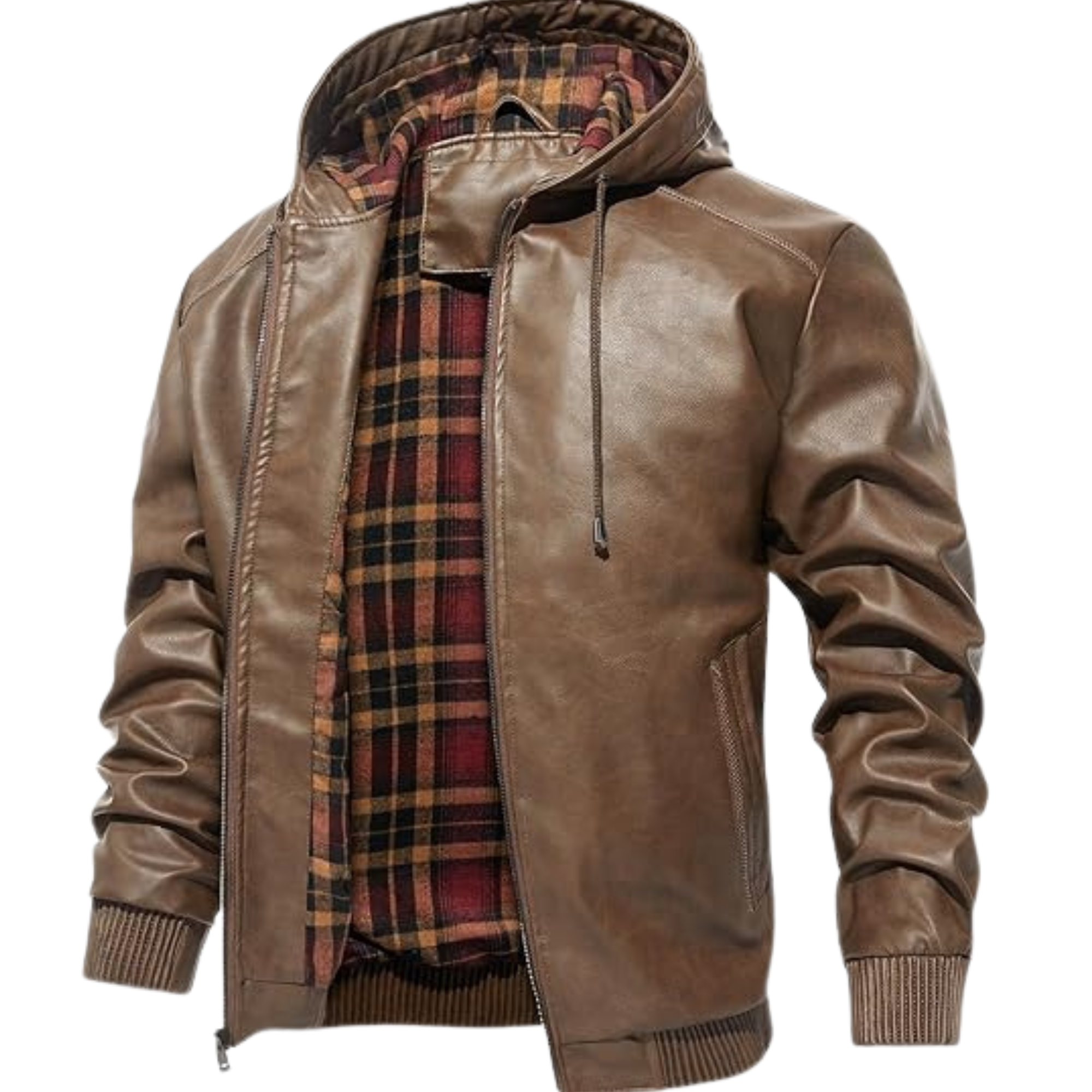 HOOD CREW Men's Faux Leather Bomber Jacket - Stylish Hooded Motorcycle Coat