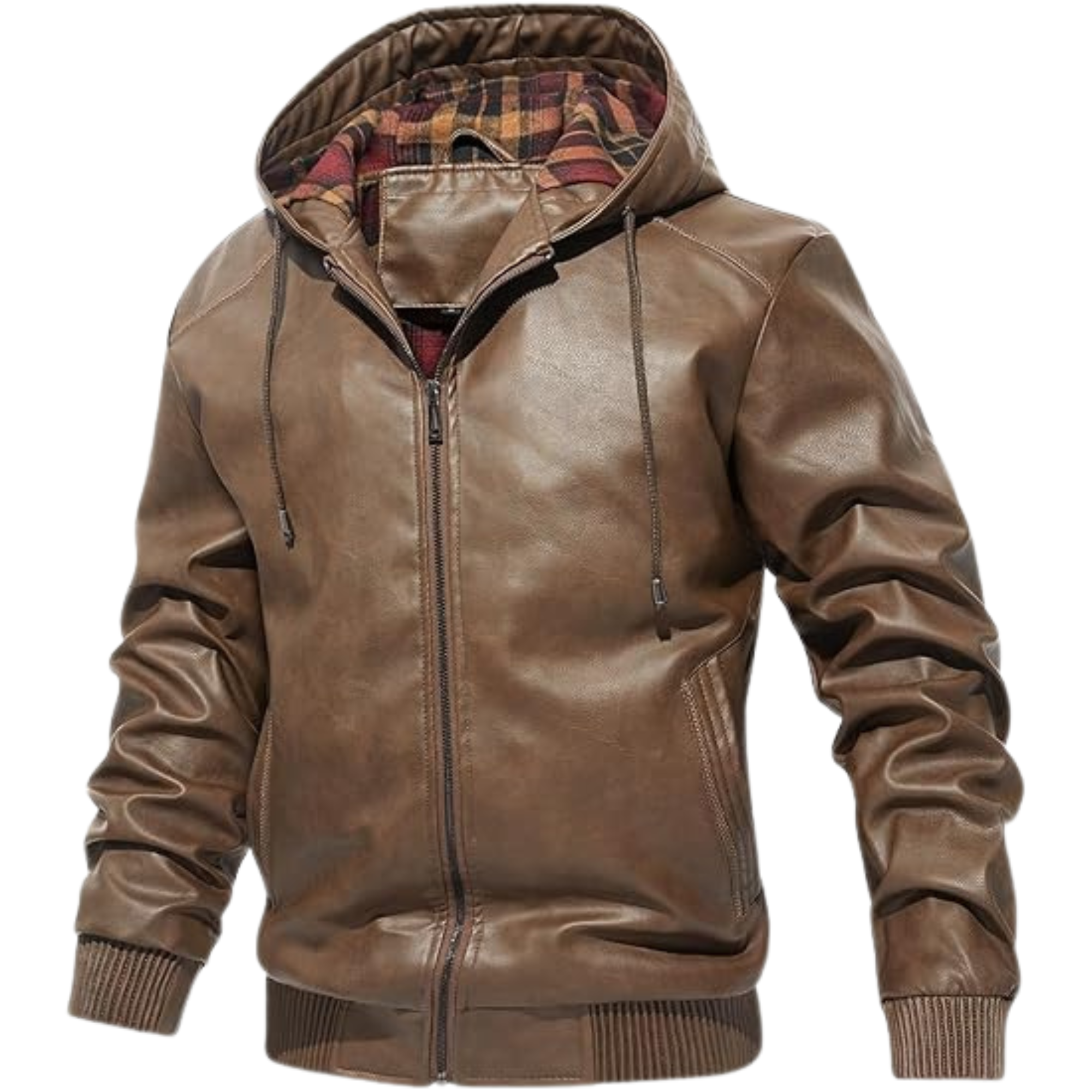 HOOD CREW Men's Faux Leather Bomber Jacket - Stylish Hooded Motorcycle Coat