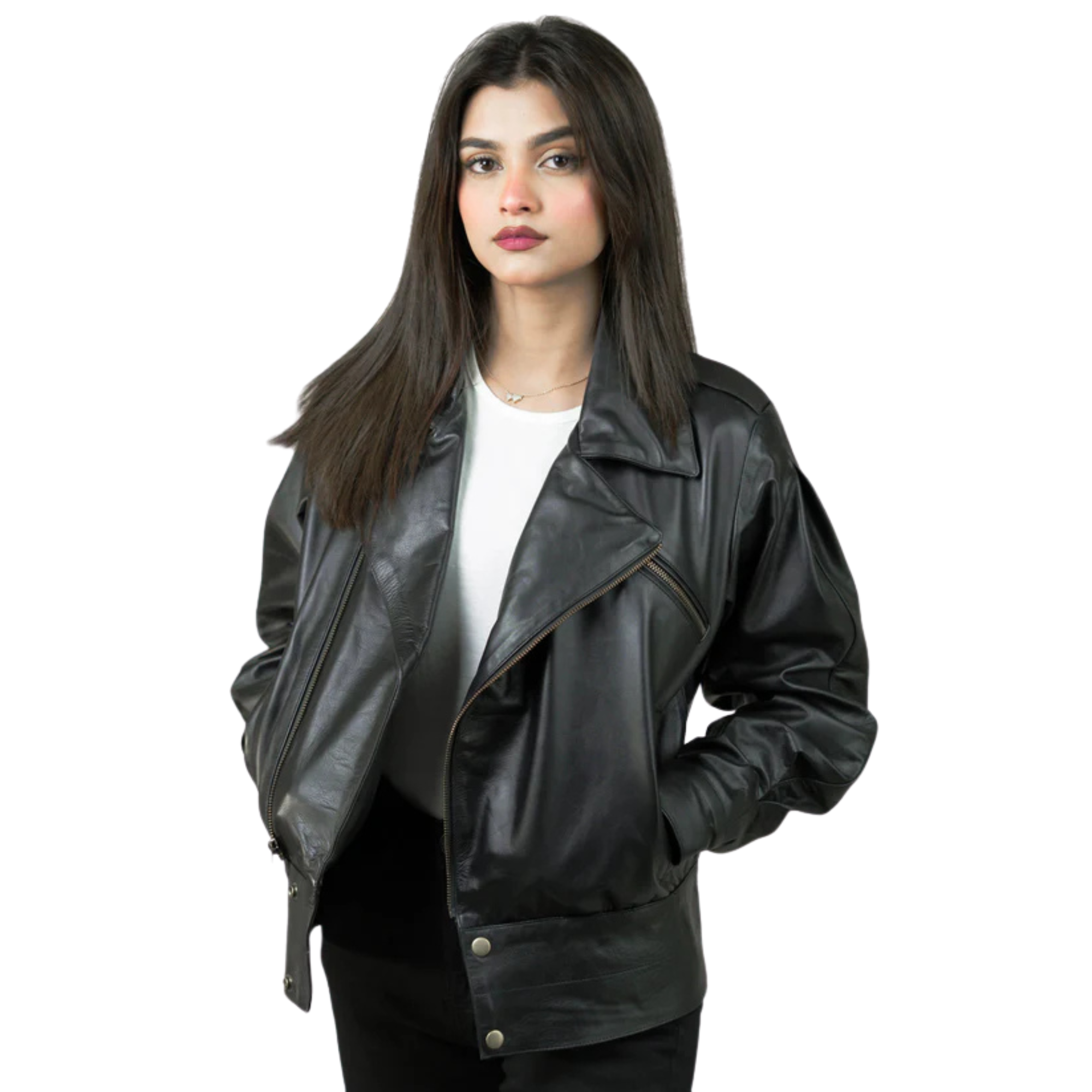 "Women’s Black Leather Motorcycle Jacket – Premium Quality & Stylish"