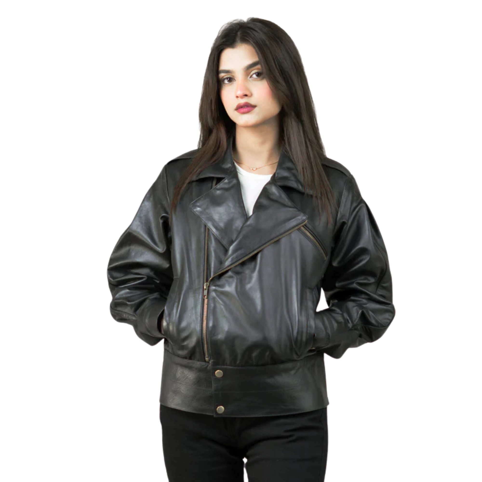 "Women’s Black Leather Motorcycle Jacket – Premium Quality & Stylish"