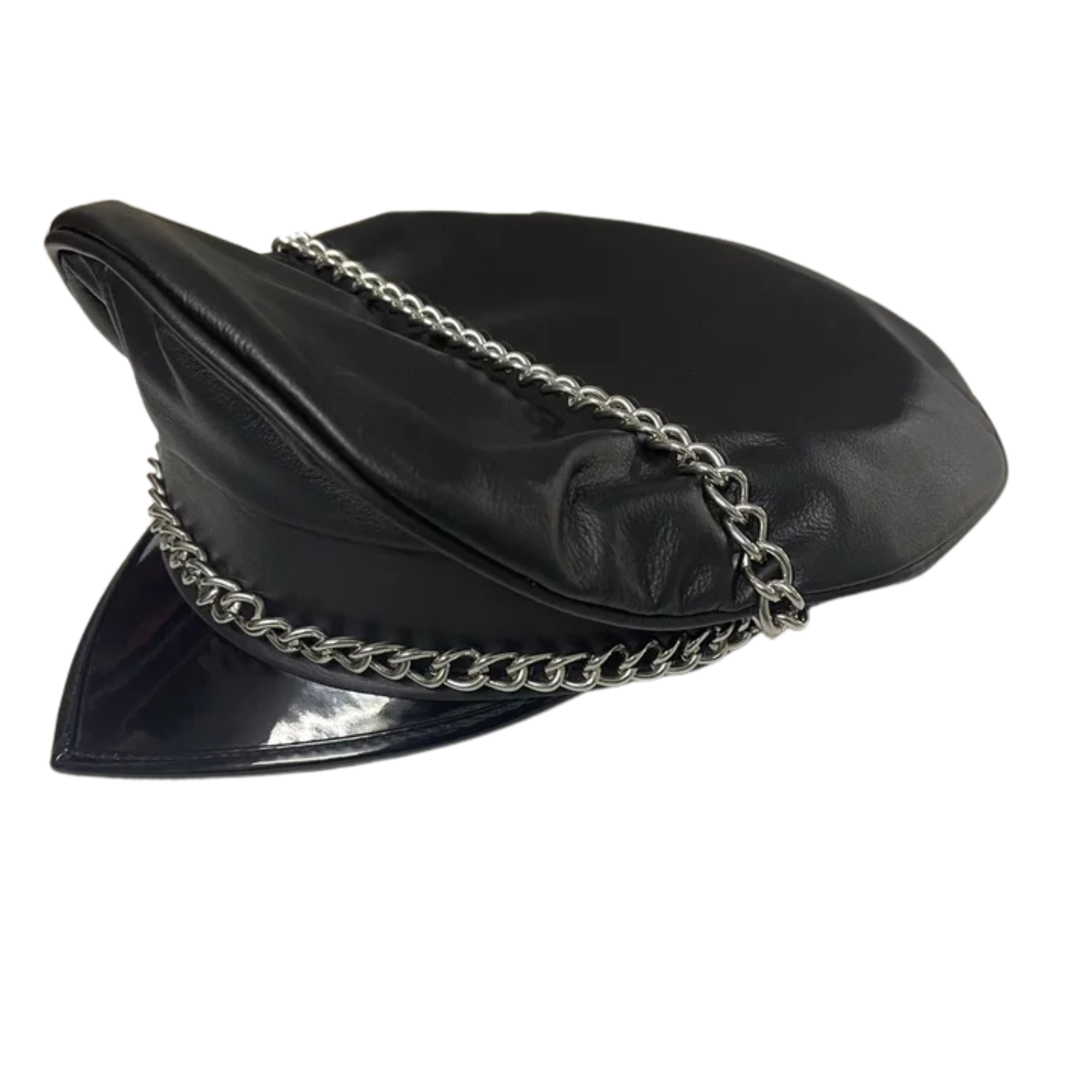 Leather Biker Cap - Finest Soft Real Leather Muir Peaked Cap with Chain