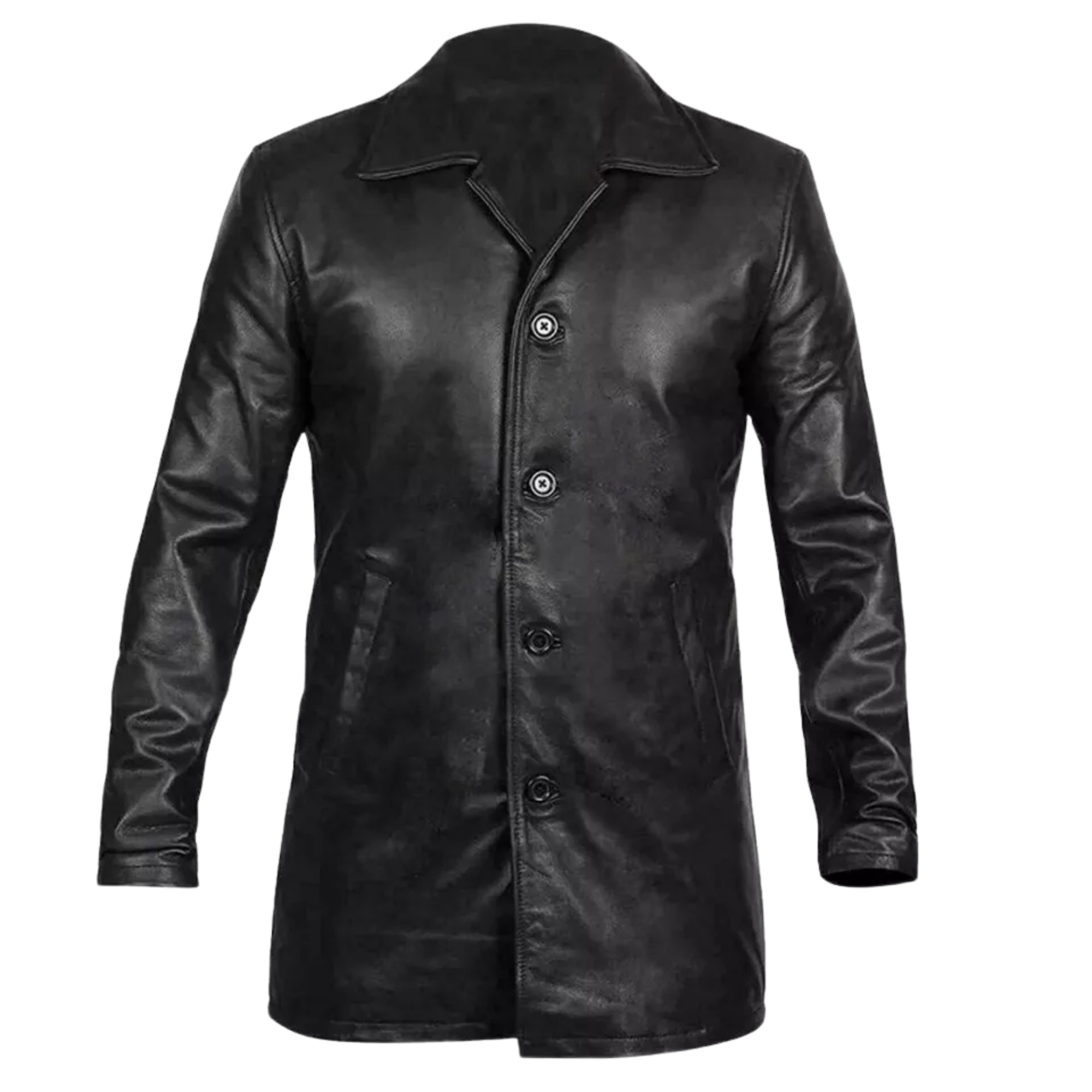 New Men's Black Leather Long Coat Biker Style Real Lambskin Leather Coat Jacket