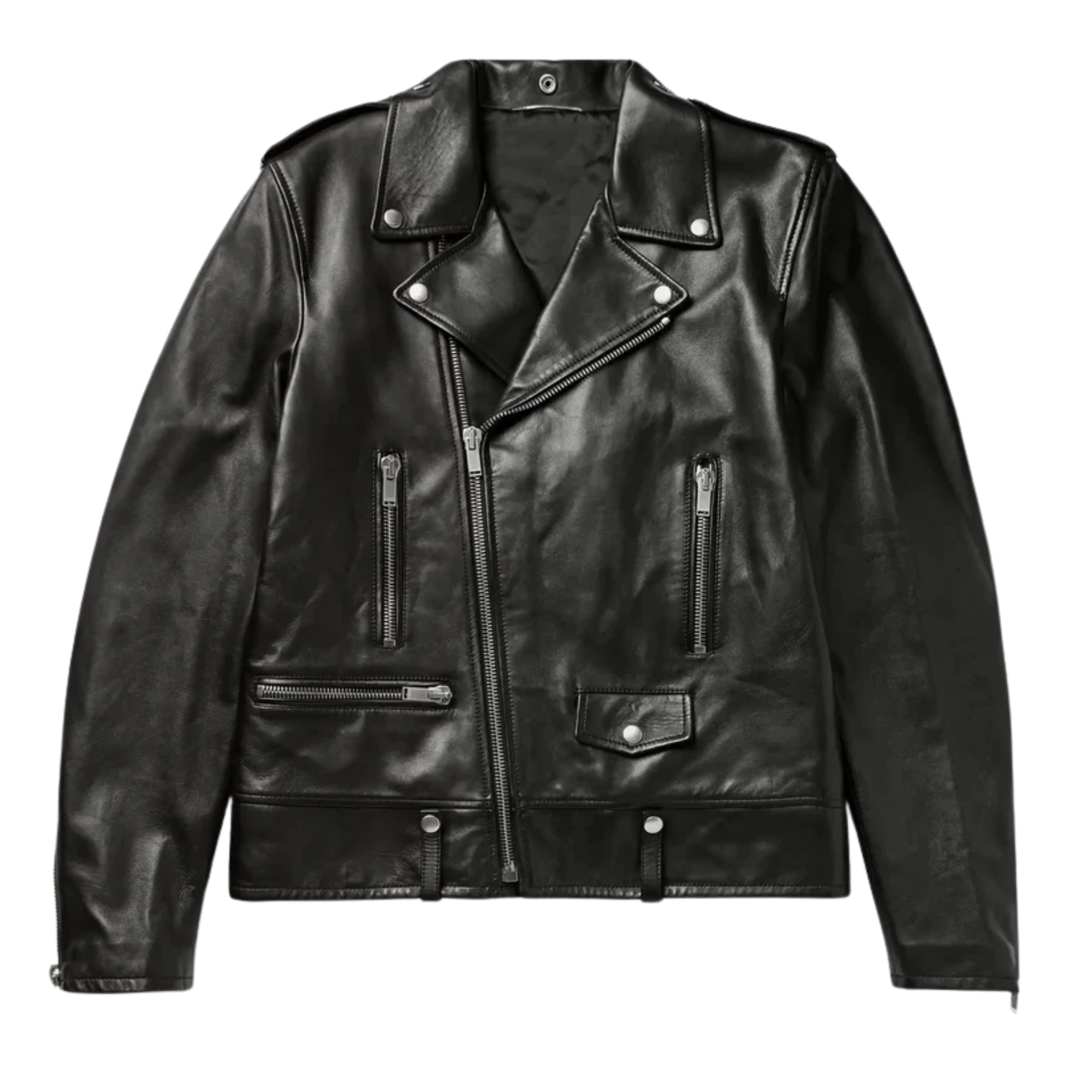 Black Biker Leather Jacket w/ Notch Collar - Gensa