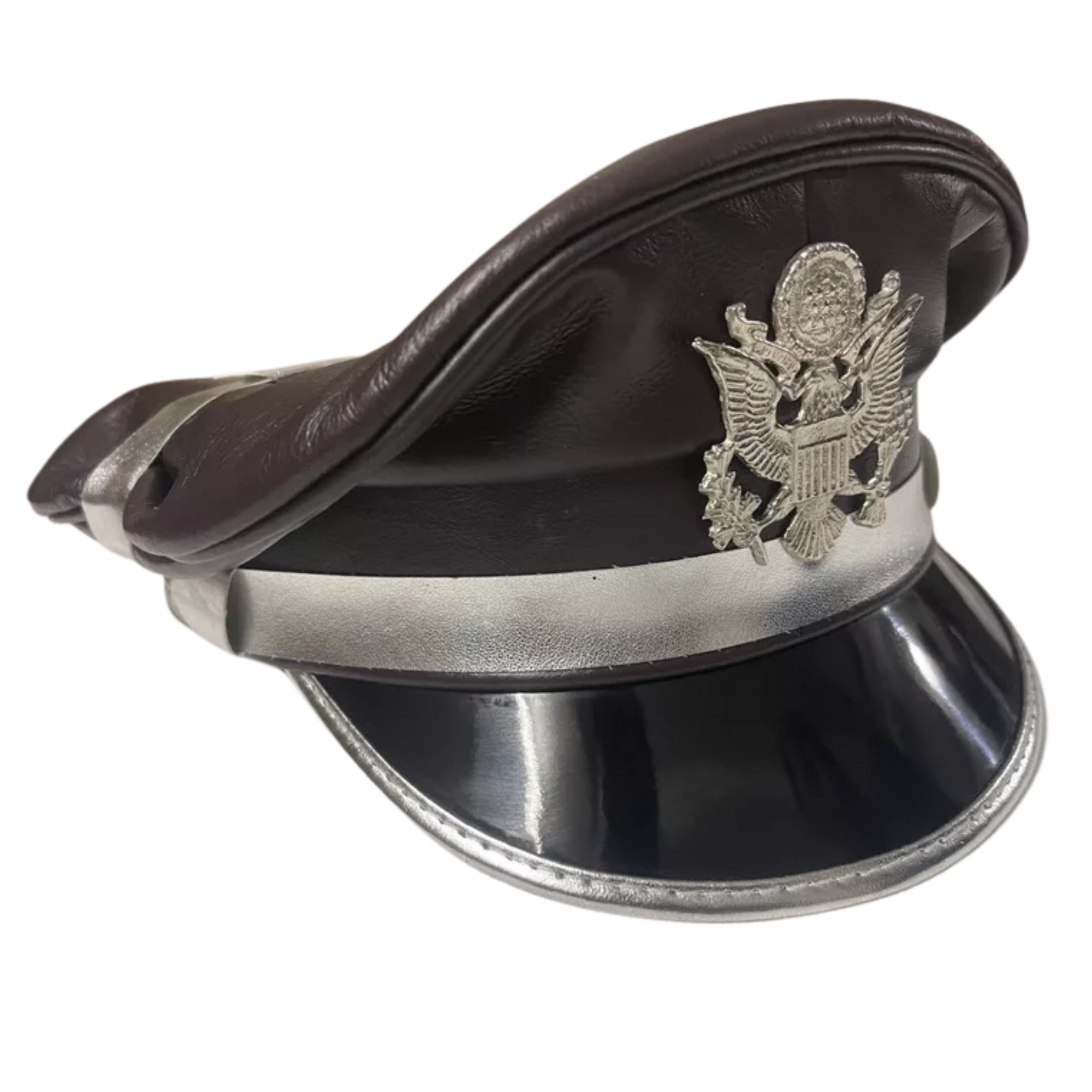 US Genuine Full Leather Dark Brown Army Muir Biker Peaked Police Cap Hat