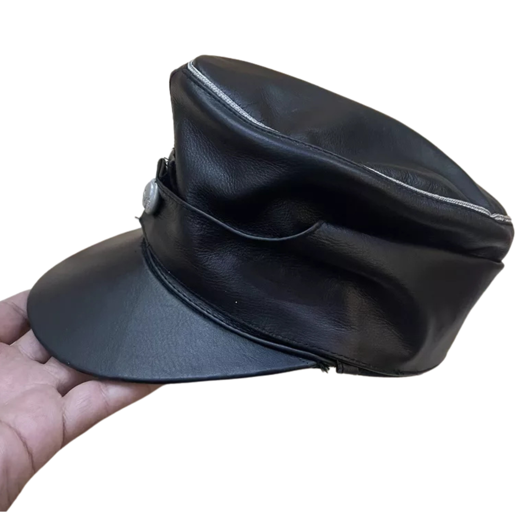 US Genuine Full Leather Black Army Muir Biker Peaked Police Cap Hat