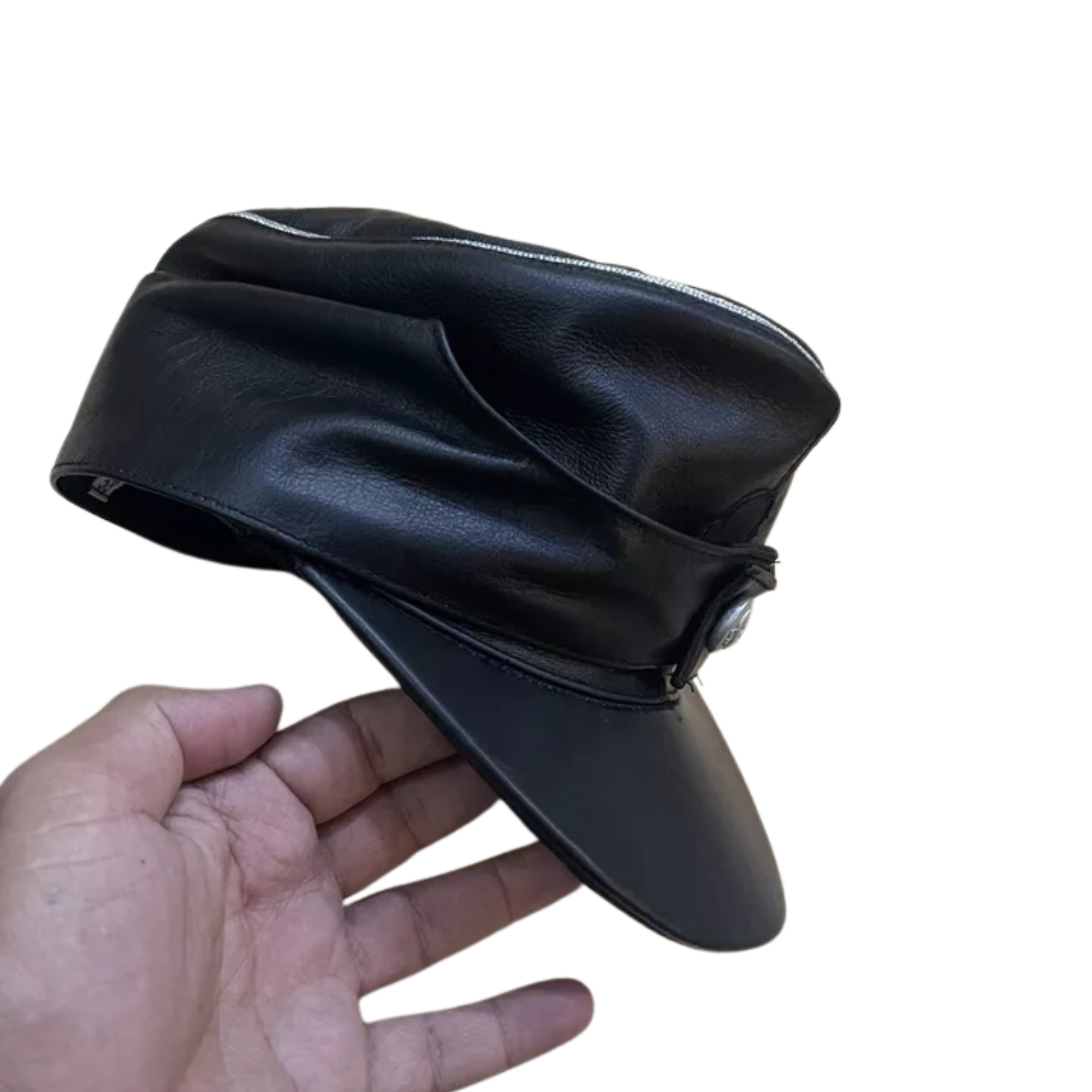 US Genuine Full Leather Black Army Muir Biker Peaked Police Cap Hat