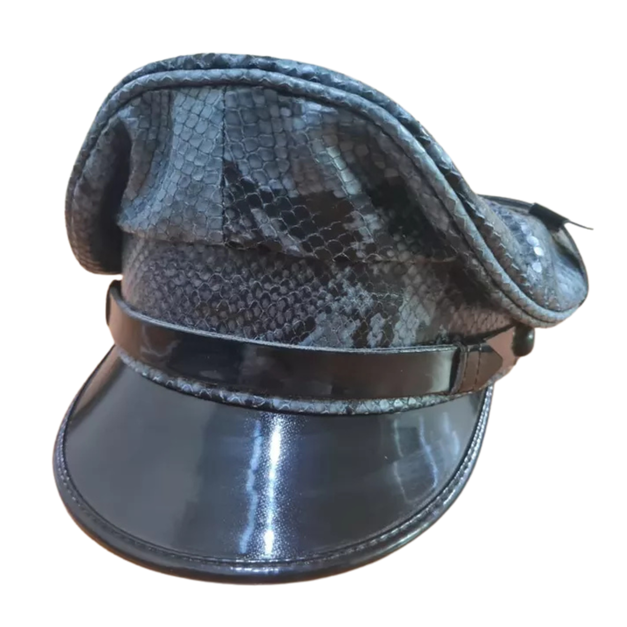 Finest soft snake skin leather biker Muir cap.