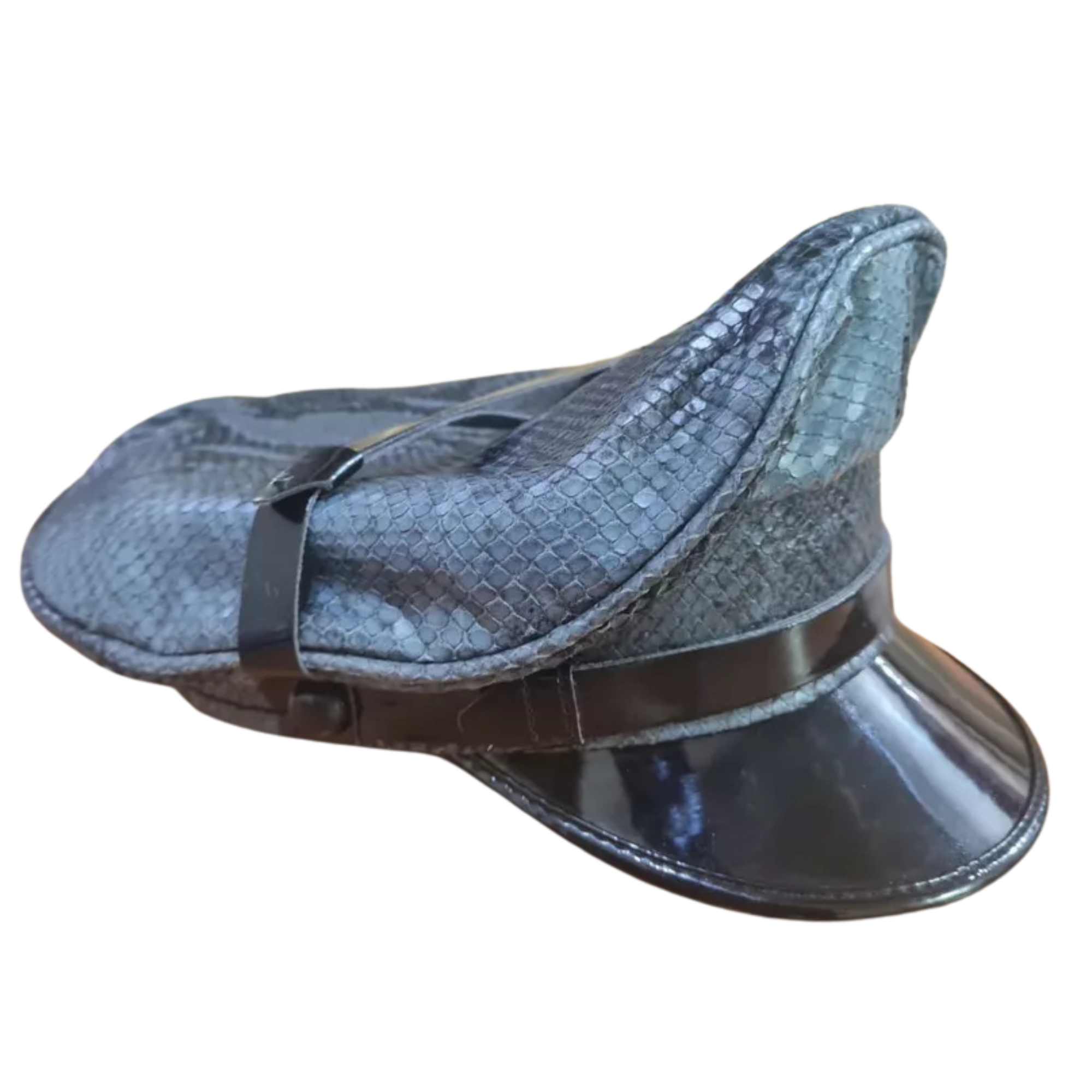 Finest soft snake skin leather biker Muir cap.