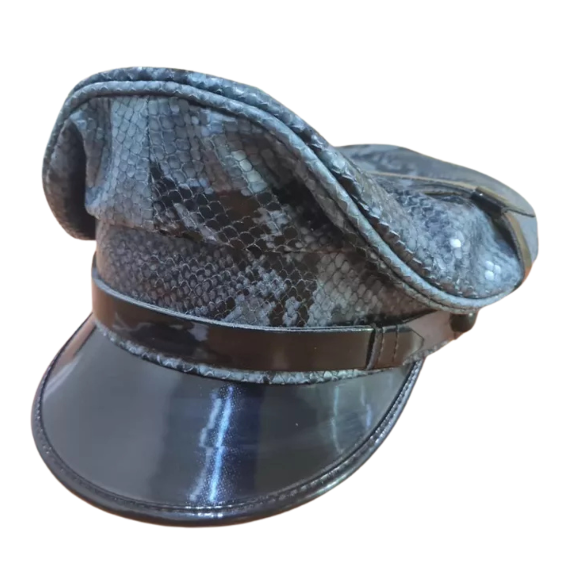 Finest soft snake skin leather biker Muir cap.