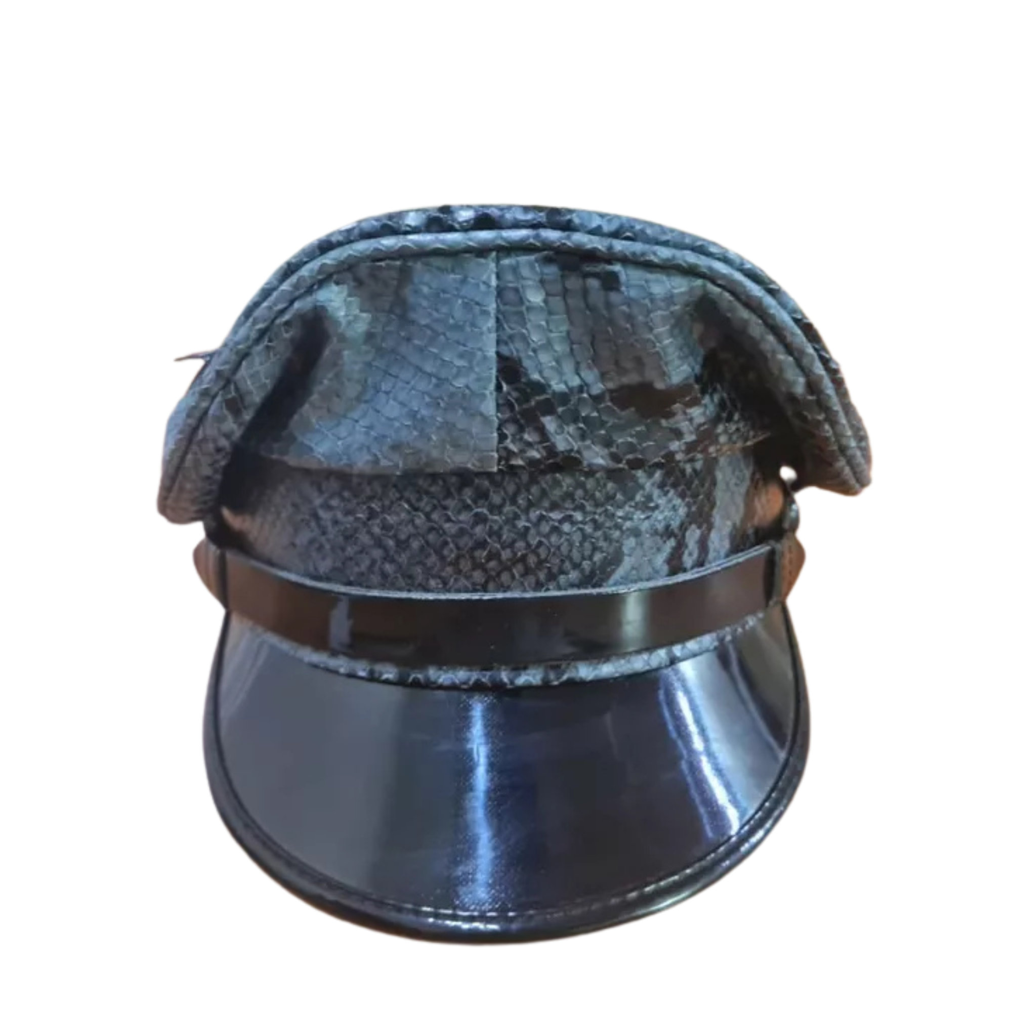 Finest soft snake skin leather biker Muir cap.