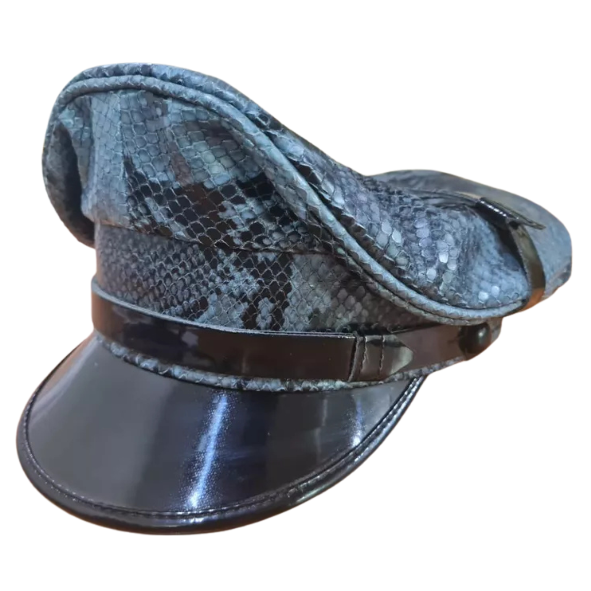 Finest soft snake skin leather biker Muir cap.