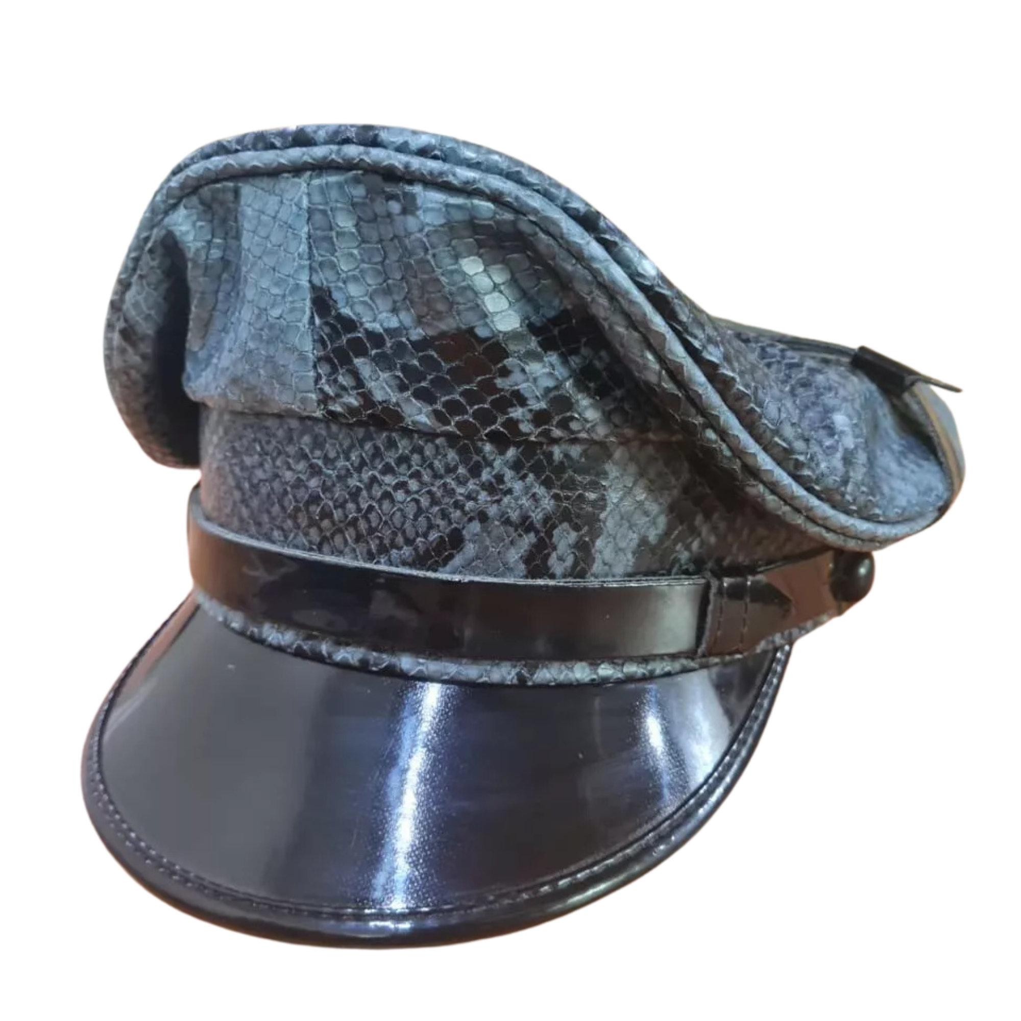 Finest soft snake skin leather biker Muir cap.