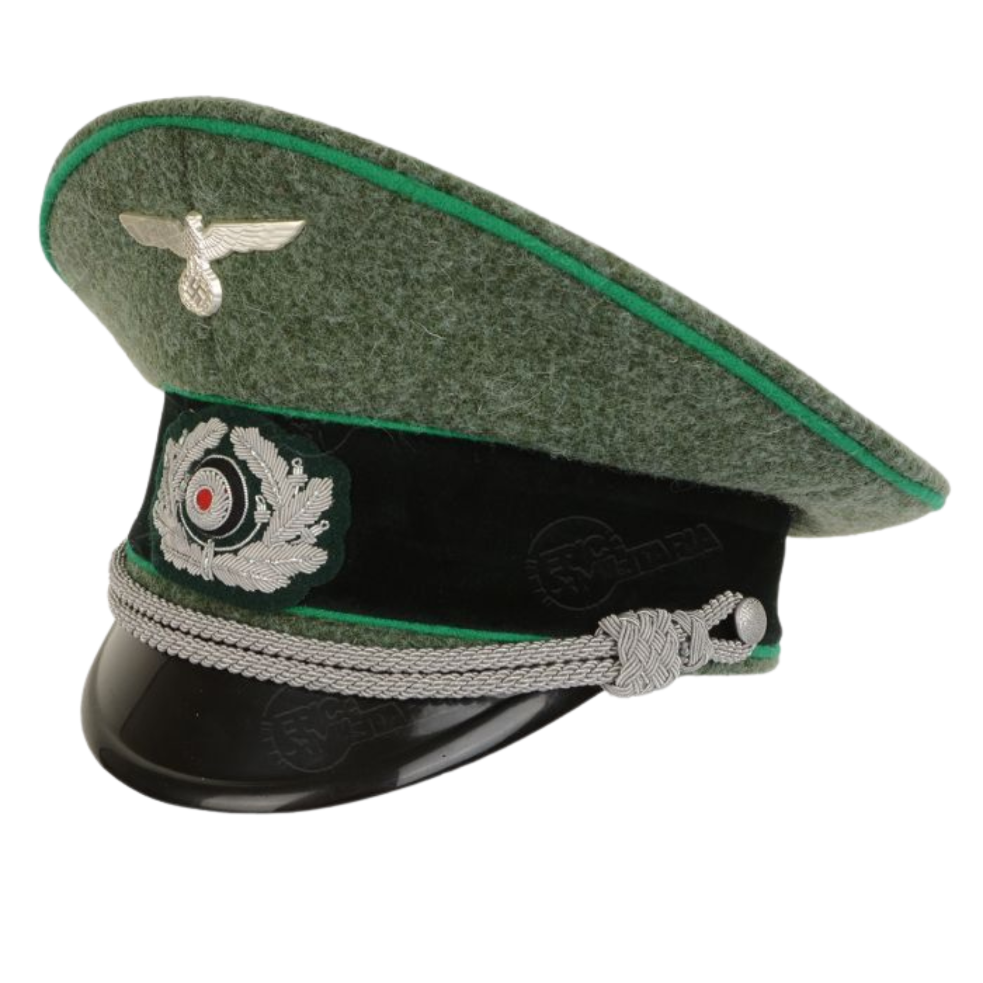 German Army Officer Visor Cap - Field Grey with Light Green Piping Replica