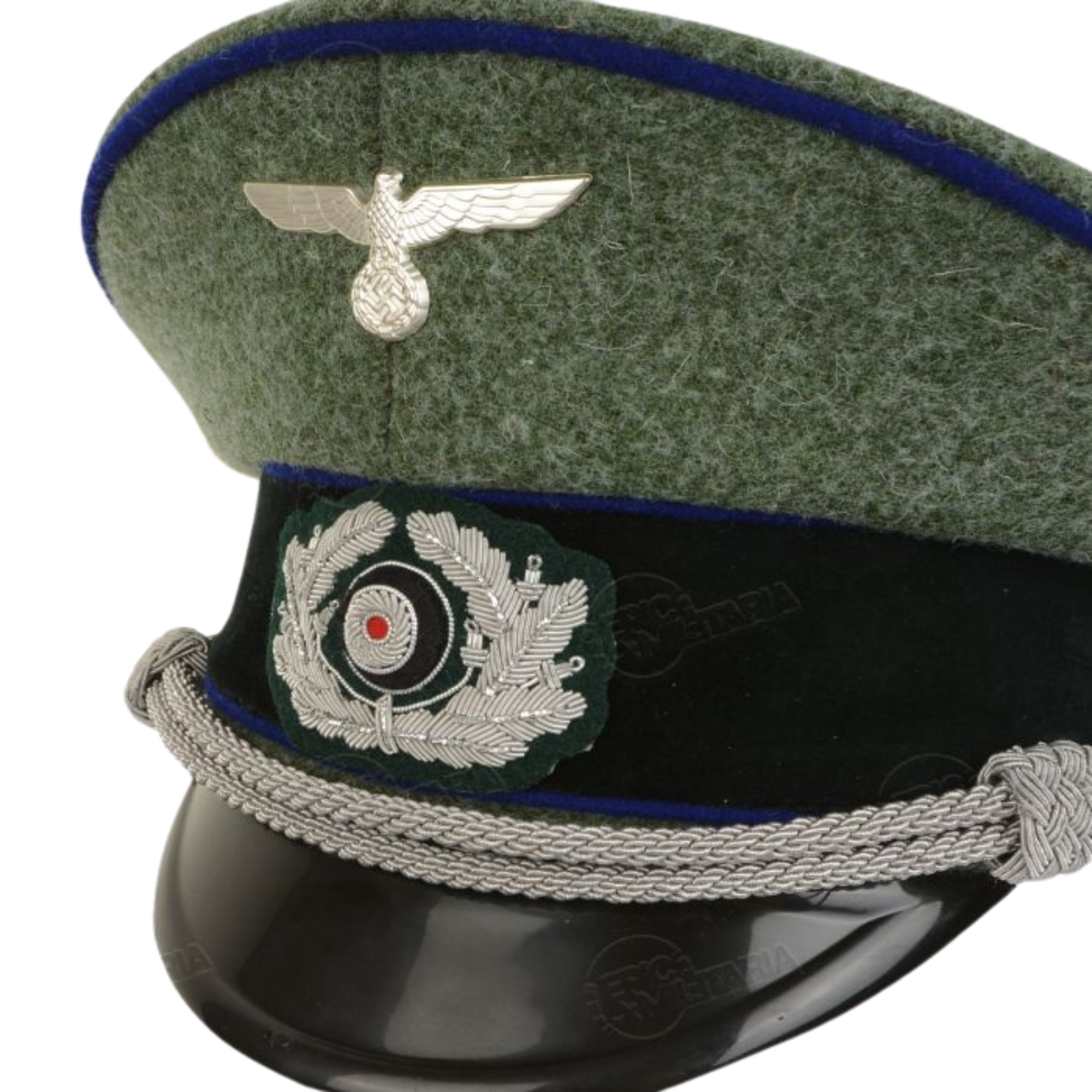 German Army Officer Visor Cap - Field Grey with Cornflower Blue Piping Replica