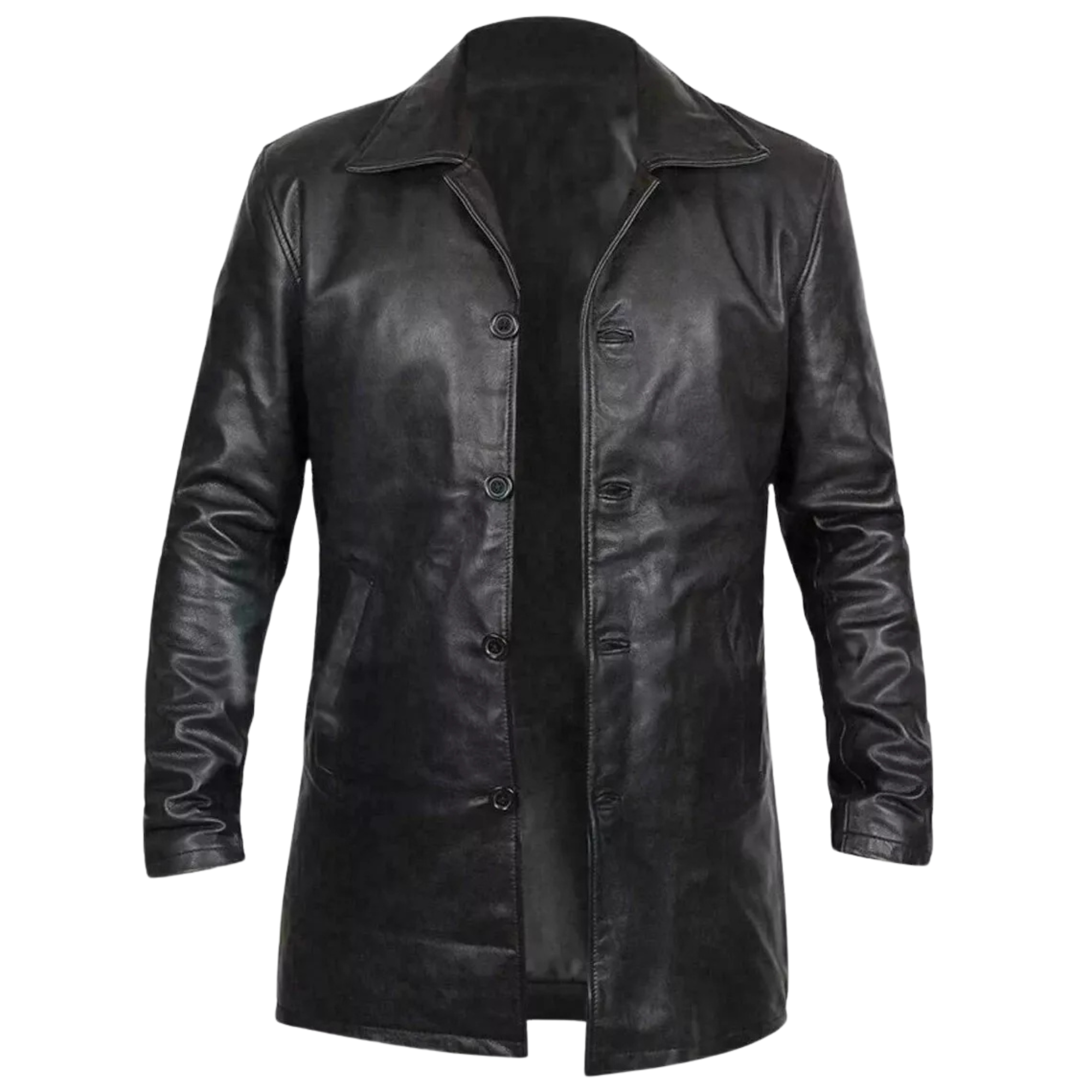 New Men's Black Leather Long Coat Biker Style Real Lambskin Leather Coat Jacket