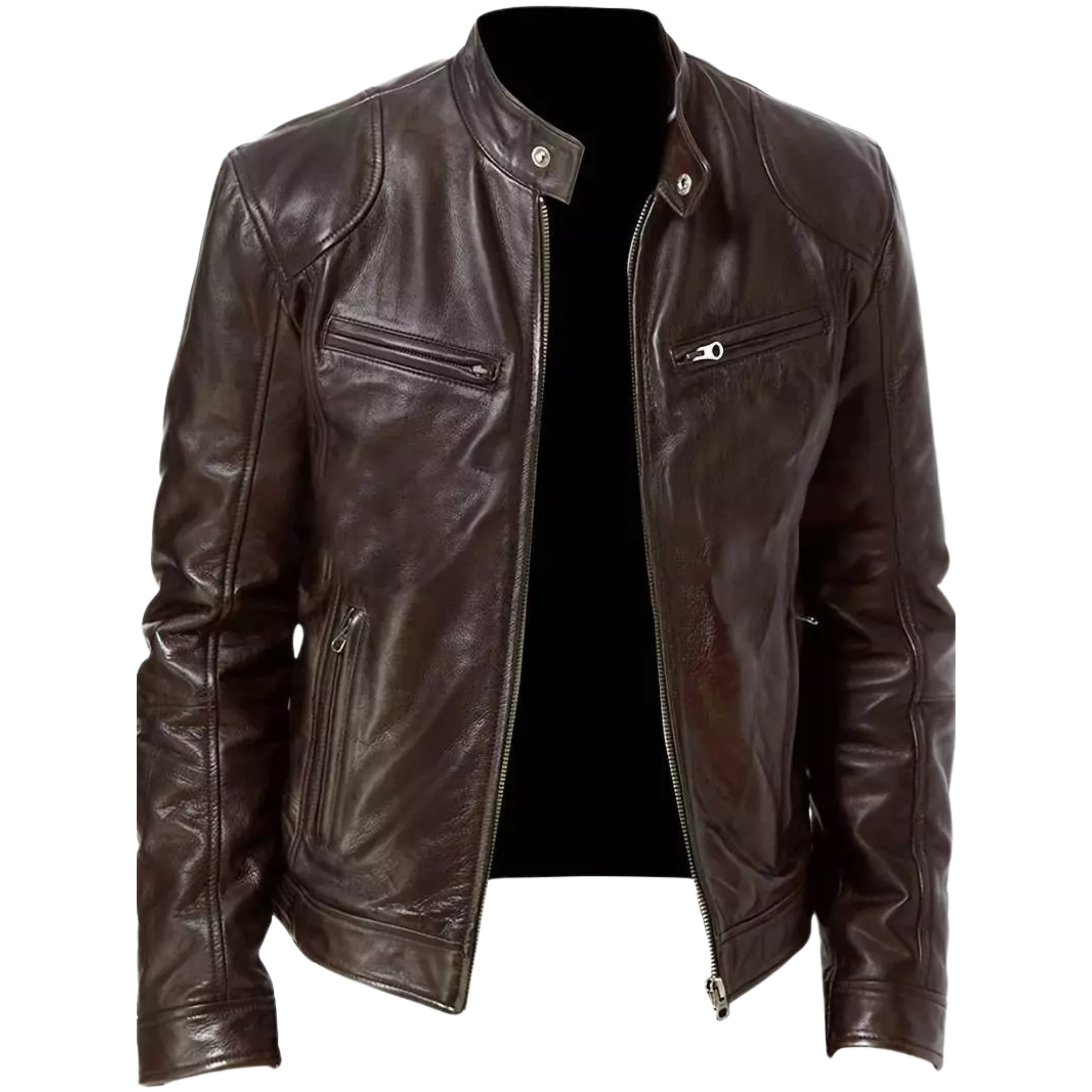 Cafe Racer Men's Leather Jacket - Soft Sheep Skin Motorcycle Biker Jacket (Brown & Black)