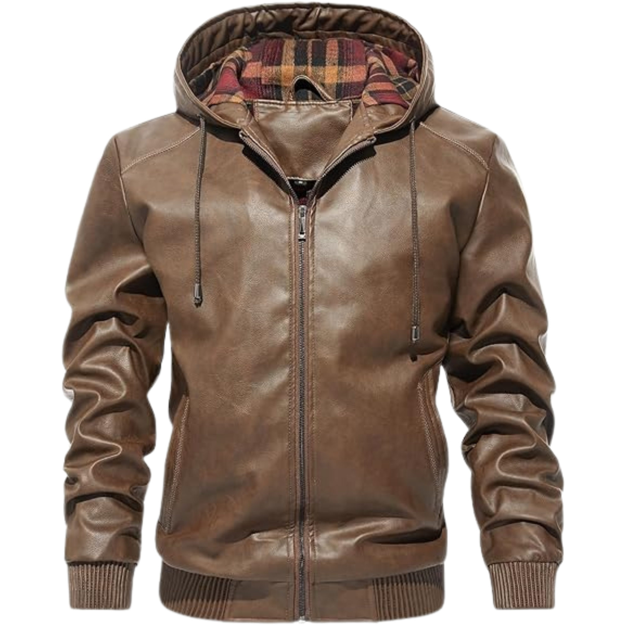 HOOD CREW Men's Faux Leather Bomber Jacket - Stylish Hooded Motorcycle Coat