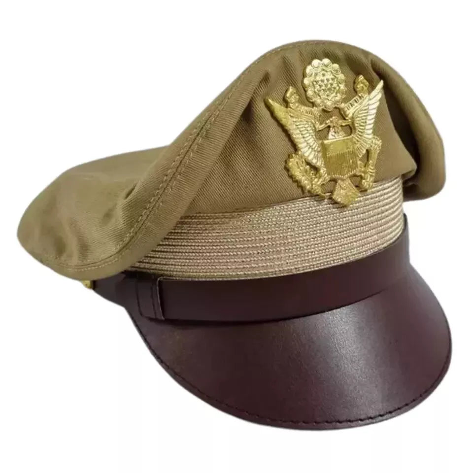 WW2 US Army Air corps Military Airforce Officers Khaki Crusher Visor Hat Cap Repro