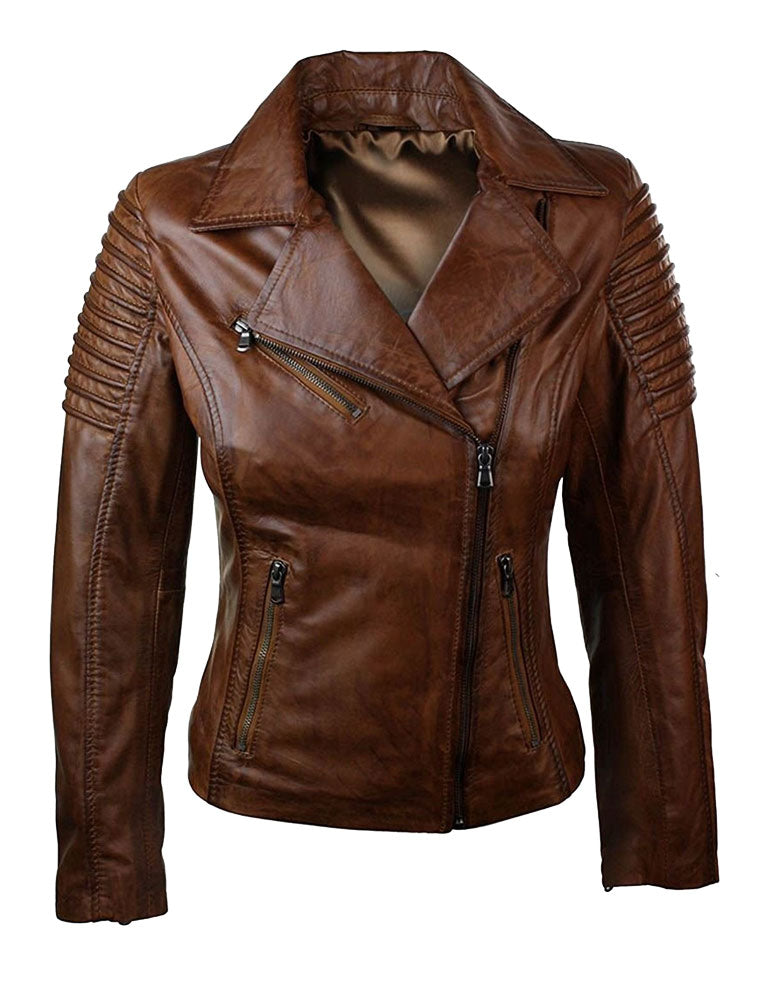 Brown Leather Motorcycle Jacket – Women’s Slim Fit Classic Look